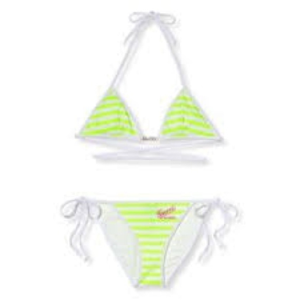 Gucci Swimsuit Set in Green and White Stripes with gold brand on top.